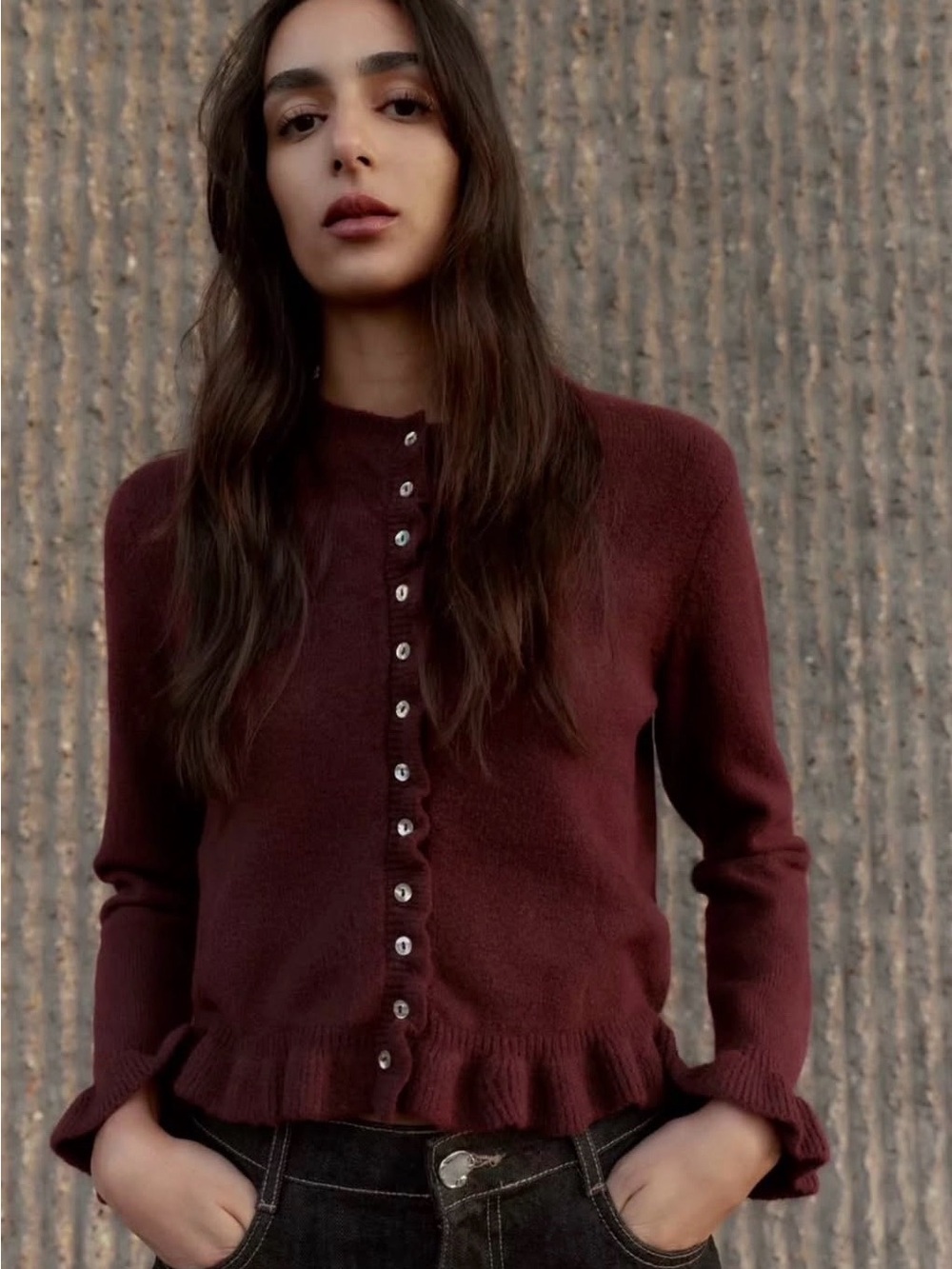 New with tags Zara Women's Burgundy Ruffled Wool Knit Cardigan - Picture 9 of 11